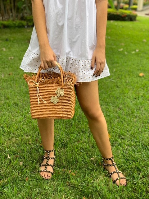 Toquilla straw unique basket purse weave by hand with decorative flowers