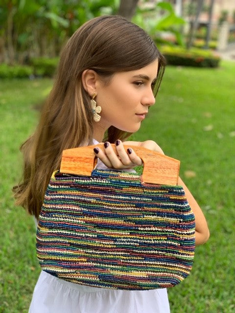 Multicolor purse with wood handles