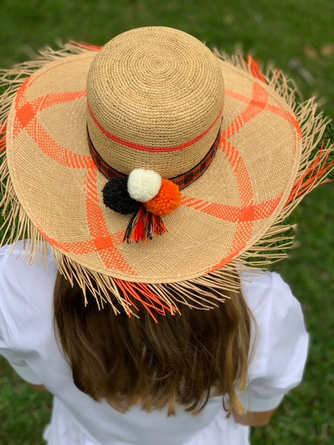 Toquilla straw hat with dyed orange stripes and crochet top