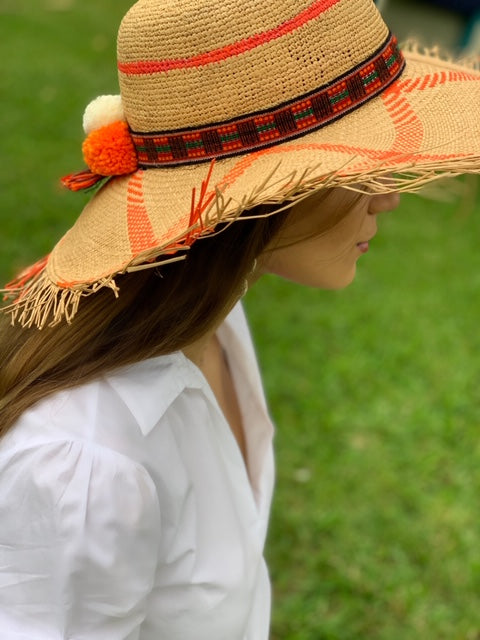 Toquilla straw hat with dyed orange stripes and crochet top