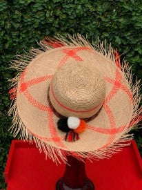 Toquilla straw hat with dyed orange stripes and crochet top